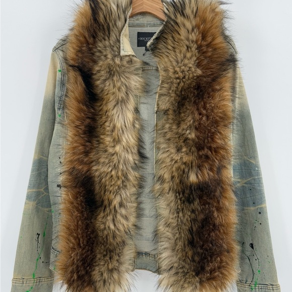 Rockstar Original Fur Trim Denim Paint Splatter Hooded Jean Jacket L - Picture 6 of 16